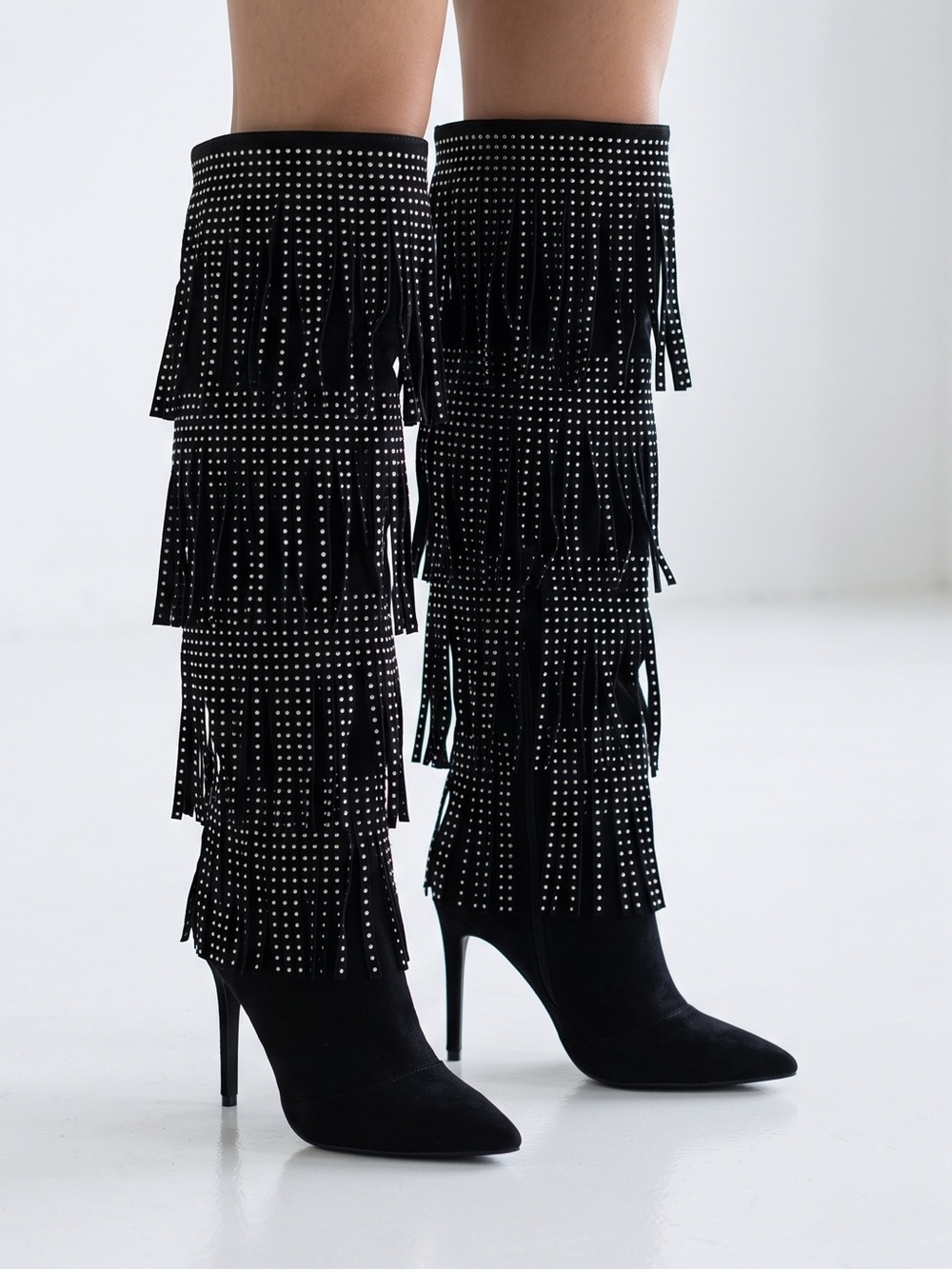 Blacksilver studs Fringe over the knee Boots Stiletto heels Faux suede leather 6 - Picture 16 of 16